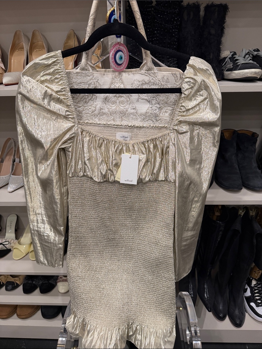 Wilfred Shimmery Metallic Puff-Sleeve Square-Neck Tunic - Gold